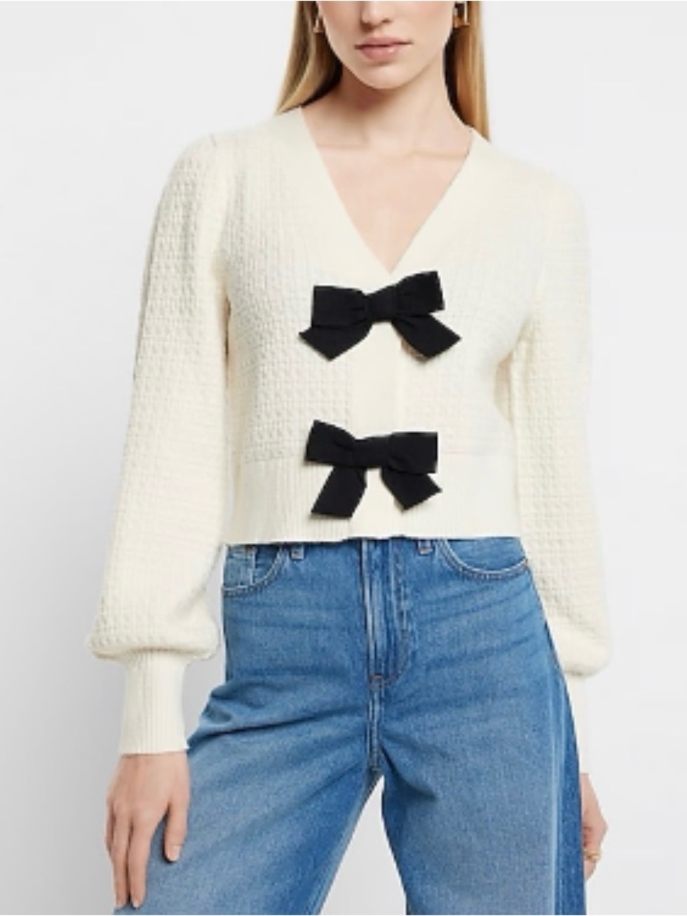 Abercrombie & Fitch Cream V-Neck Sweater with Black Bow Accents